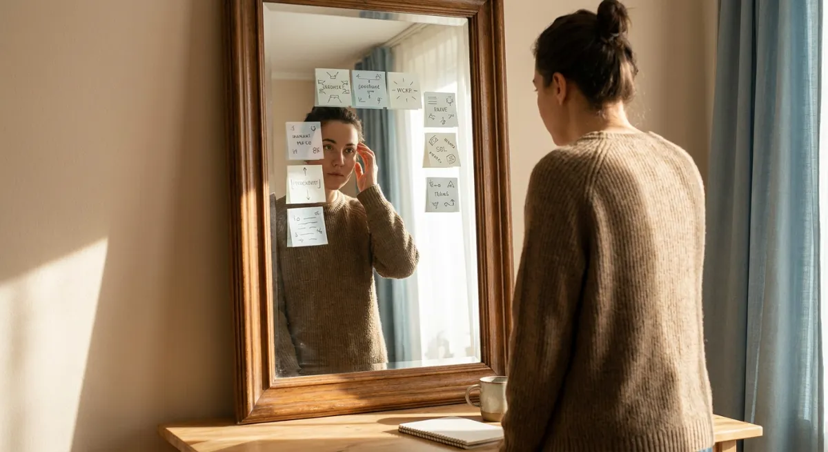 Persona frente a un espejo reflexionando sobre diferentes pensamientos y etiquetas mentales que afectan su salud emocional.