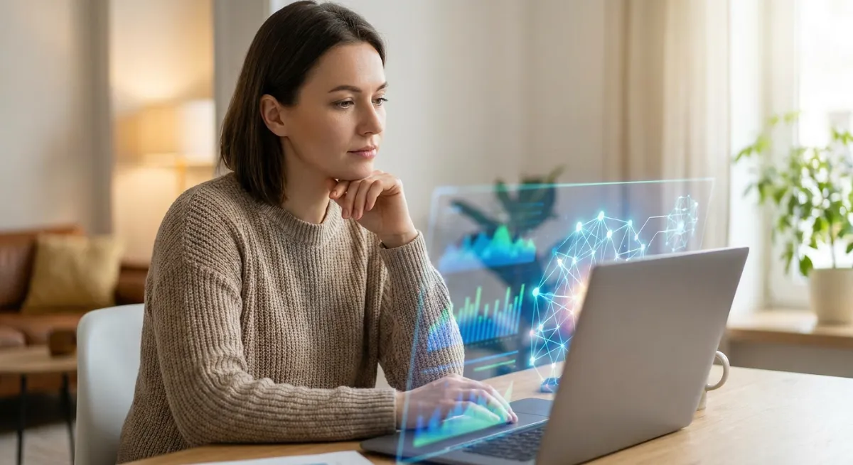 Persona preocupada frente a ordenador con gráficos digitales de inteligencia artificial al fondo.