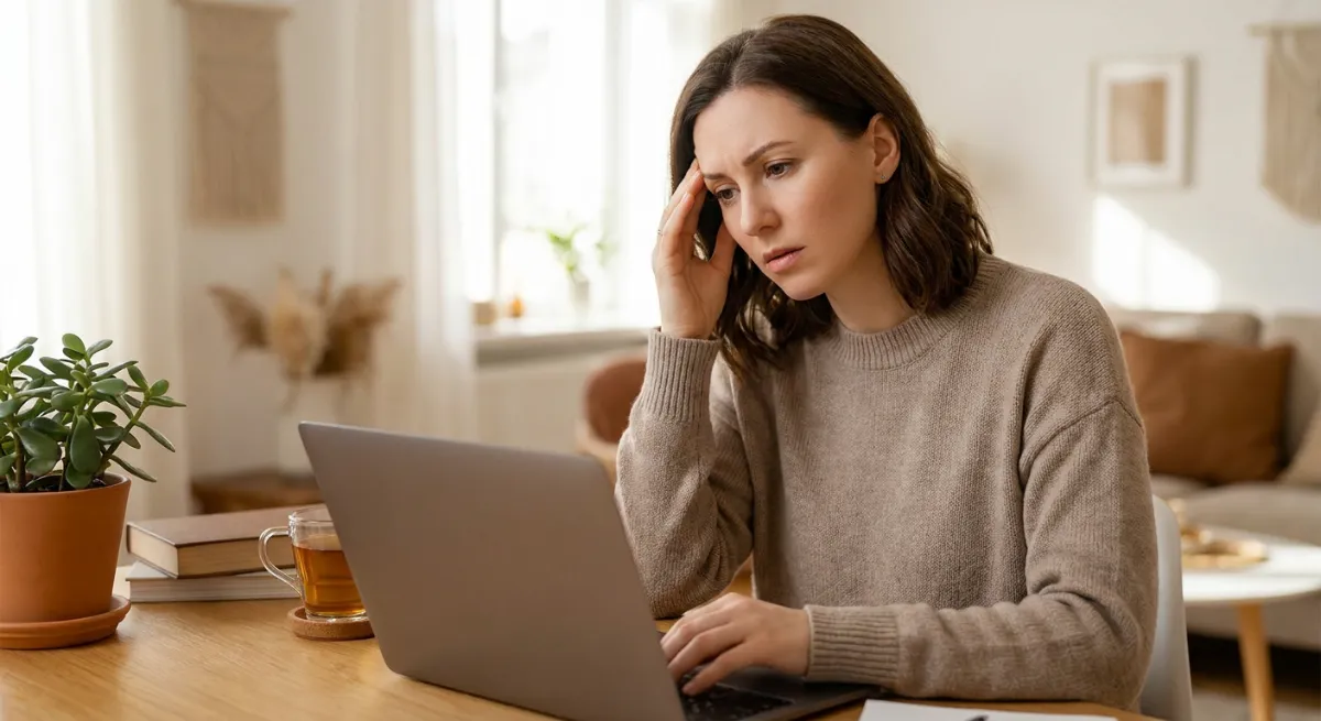 Mujer sentada frente a su laptop con expresión de cansancio y preocupación durante el mes de junio internamente estresada