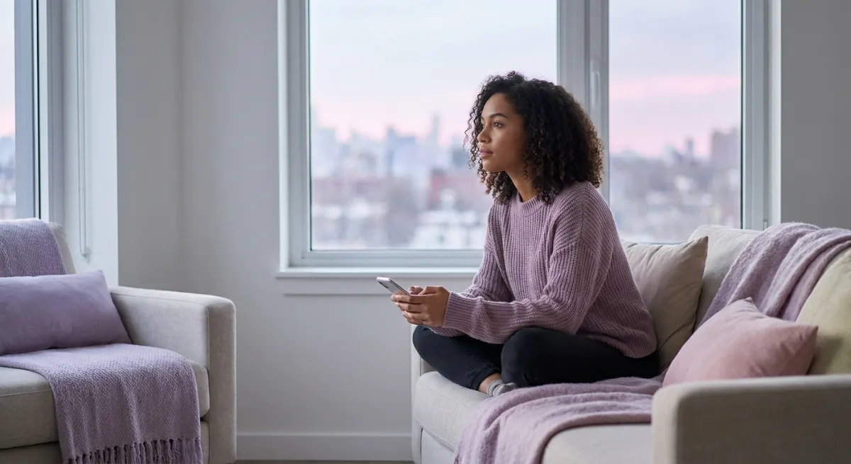 Mujer joven observa su teléfono con melancolía frente a una ventana, representando la distancia en la pareja.