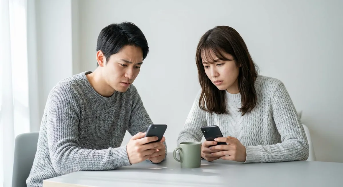 Pareja joven mirando sus teléfonos con expresión de preocupación por la distancia física y emocional.
