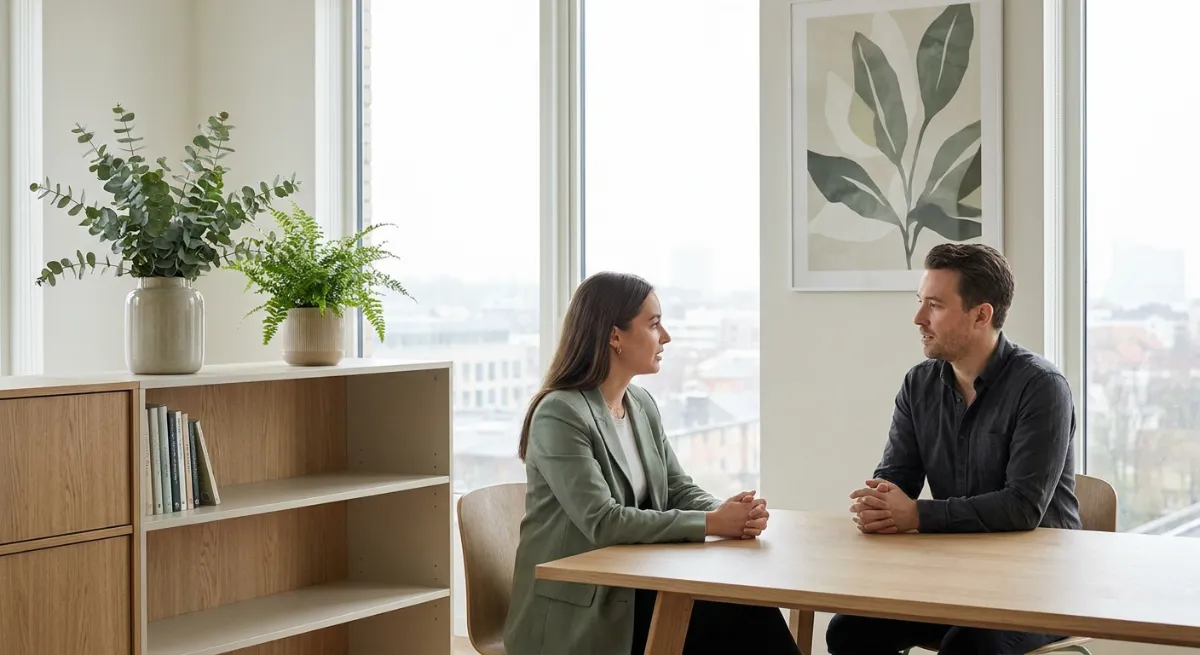 Profesional manteniendo una conversación tranquila y firme con su superior en una oficina iluminada.