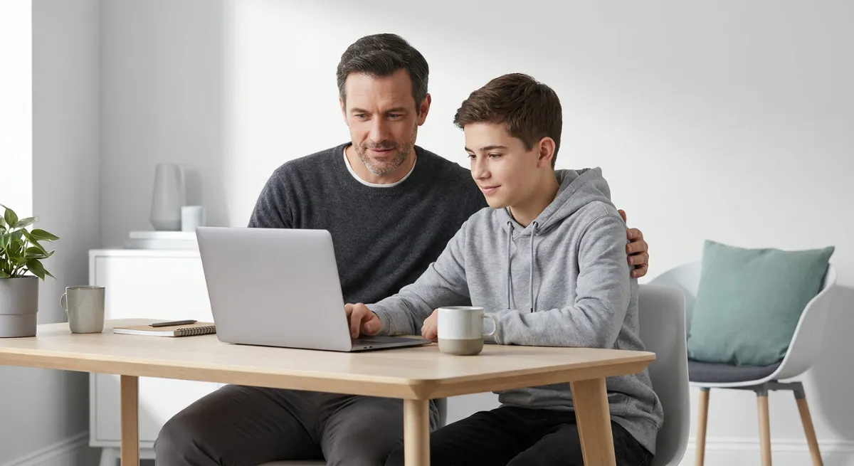 Padre brindando apoyo emocional a su hijo adolescente frente a una computadora portátil
