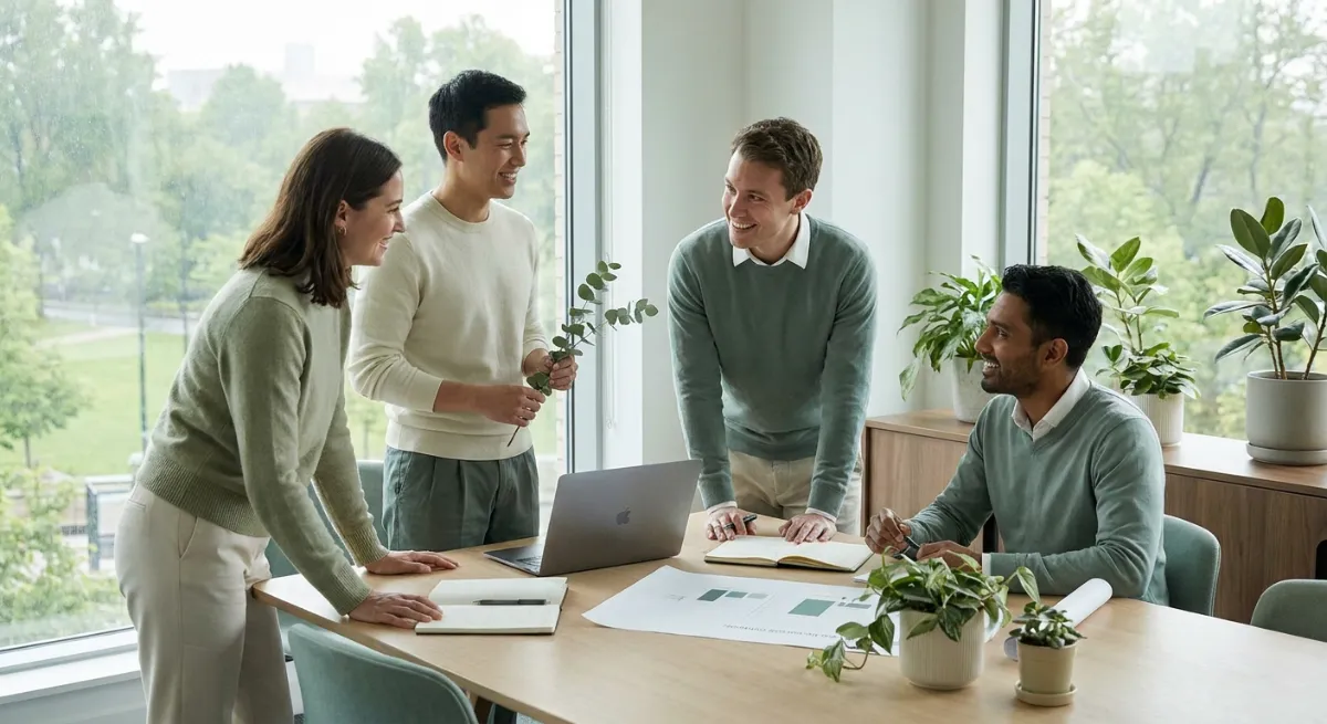 Grupo de profesionales colaborando en una mesa de trabajo con actitud positiva y comunicación fluida