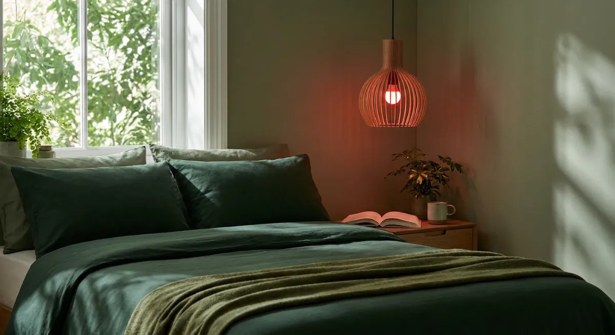 Habitación en penumbra con bombilla de luz roja cálida para favorecer el descanso nocturno y la melatonina.