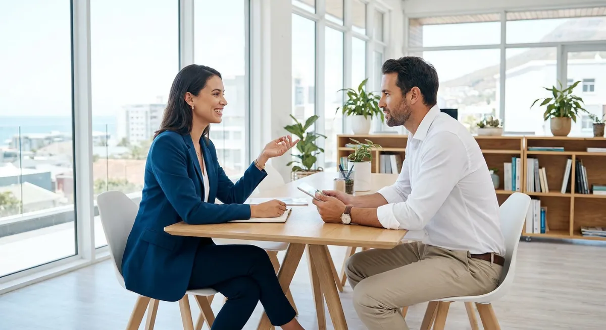 Líder y colaborador mantienen conversación profesional asertiva en oficina moderna facilitando retroalimentación positiva.