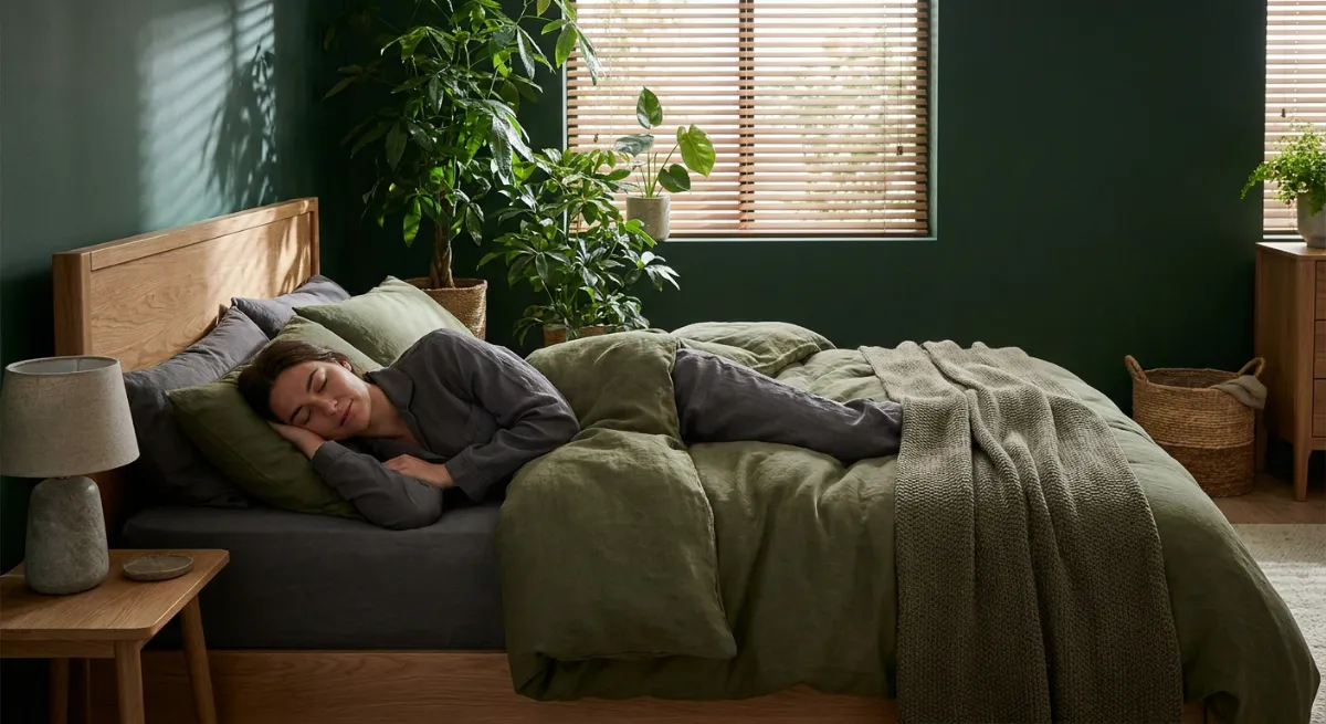 Persona durmiendo plácidamente en una habitación oscura y confortable con luz tenue de fondo.