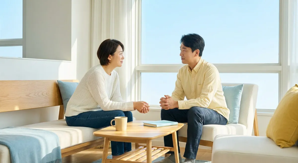 Dos personas sentadas conversando con empatía y cercanía en un momento de apoyo emocional.