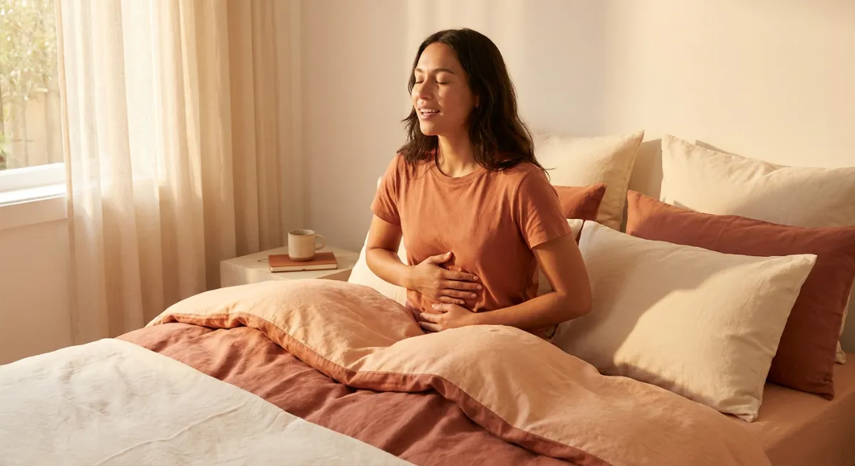 Persona relajada en su cama practicando técnicas de respiración para conciliar el sueño profundamente.