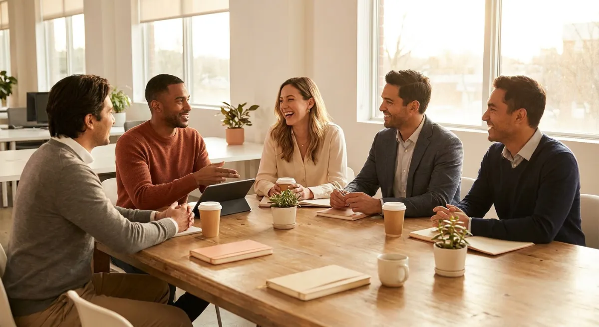 Integrantes de una oficina colaborando y sonriendo en una mesa de madera, representando seguridad psicológica y apoyo mutuo.