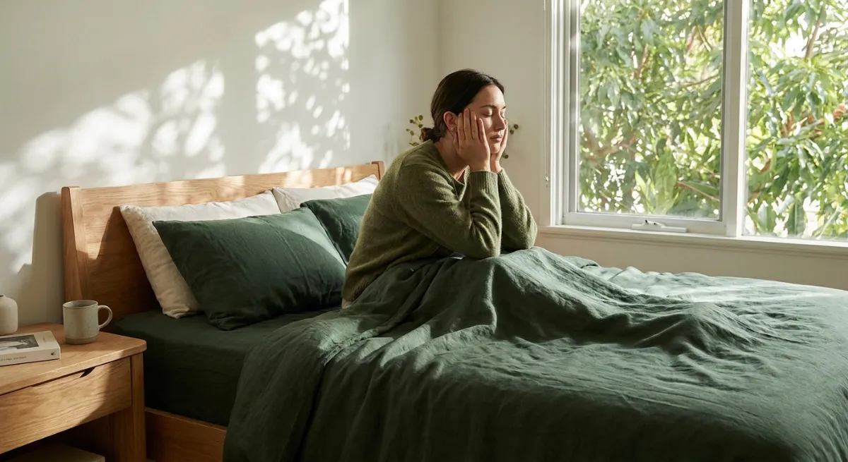 Persona sentada en la cama con expresión de cansancio y manos en la cabeza por insomnio nocturno