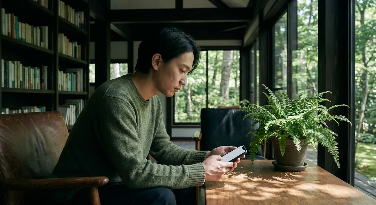 Persona mirando su celular con tristeza esperando una respuesta inexistente en un entorno oscuro.