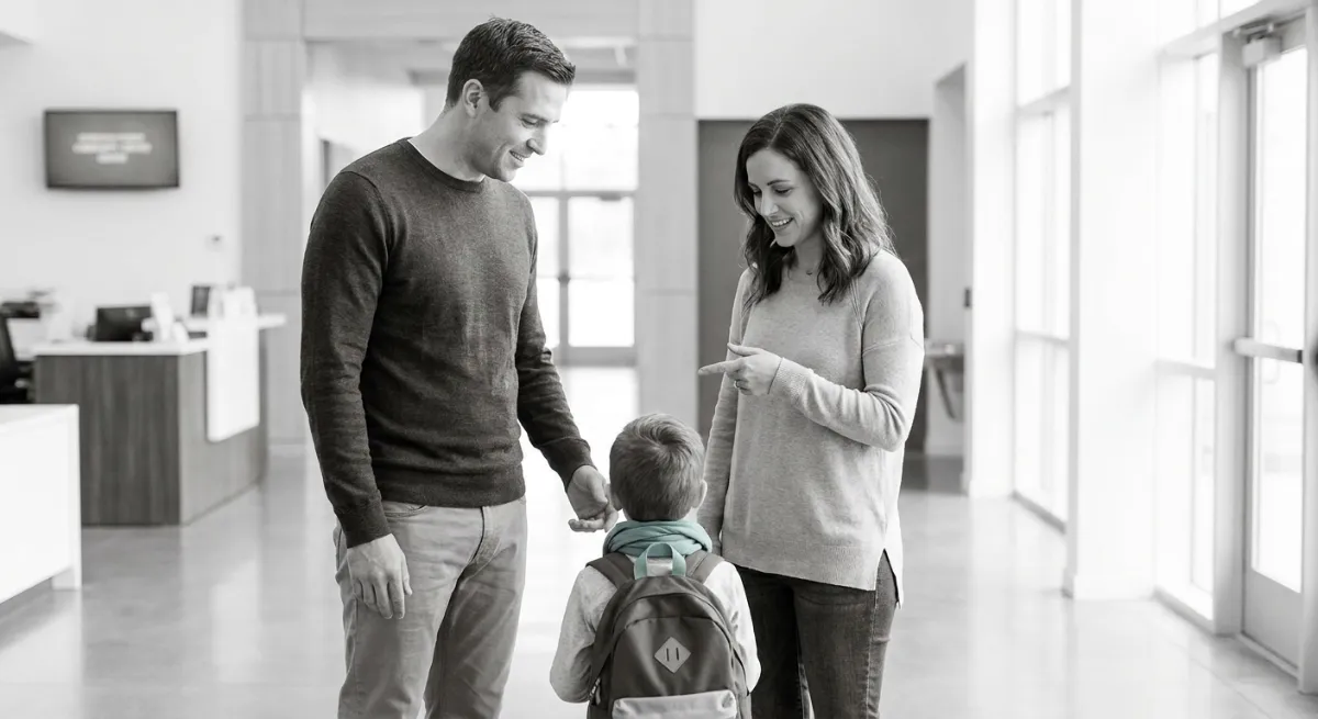 Padres separados conversando de forma respetuosa durante la entrega de su hijo para fomentar el bienestar emocional.