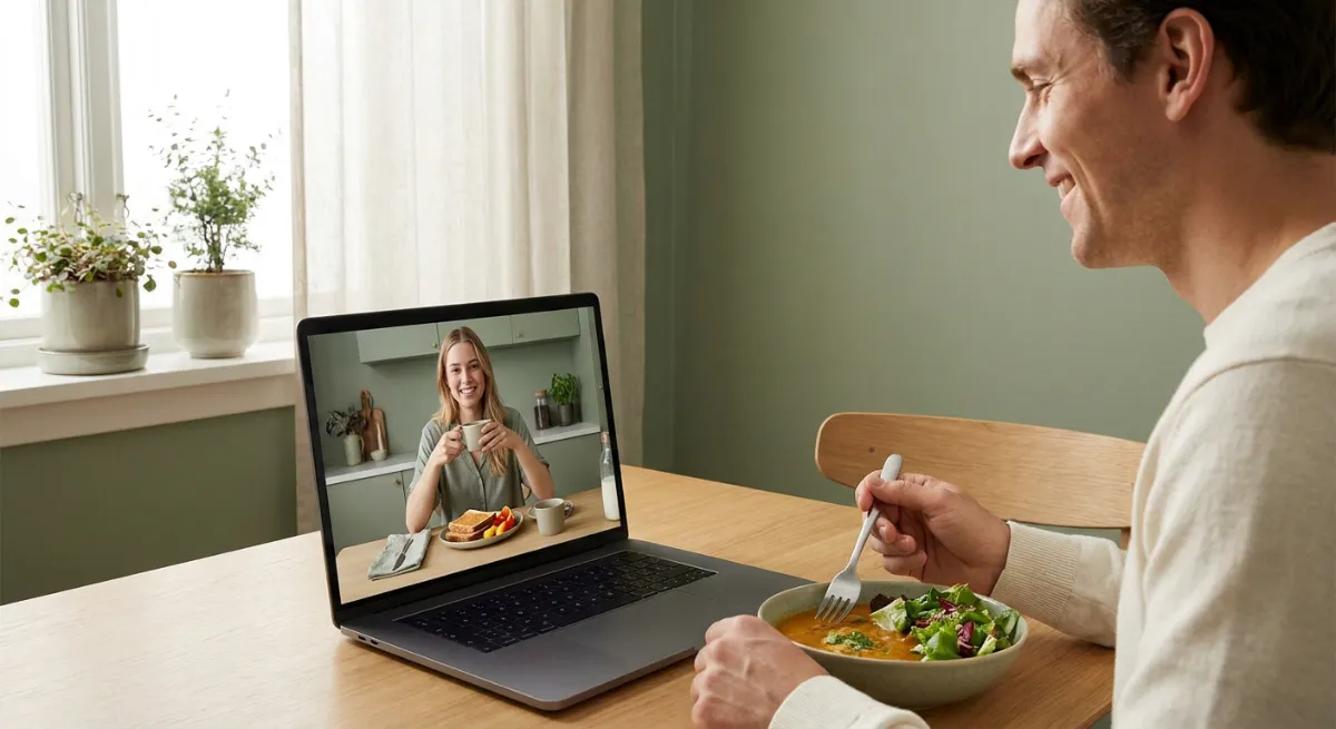 Pareja joven haciendo videollamada sonriendo mientras uno desayuna y el otro cena por diferencia de horarios