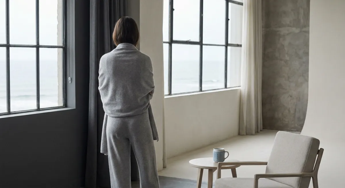 Persona sentada contemplando el horizonte en actitud reflexiva durante su proceso de sanación emocional por pérdida paternal.