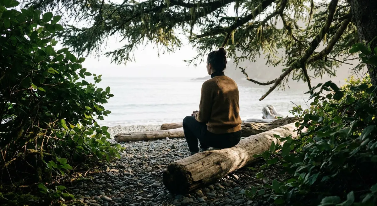 Persona sentada en la playa mirando el horizonte en un momento de reflexión y sanación emocional.