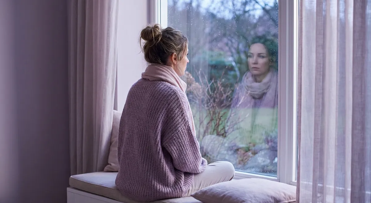 Persona sentada sola mirando a través de una ventana expresando melancolía y soledad profunda