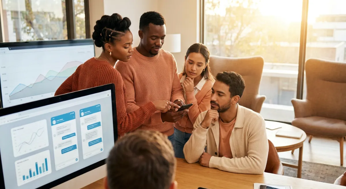 Equipo de trabajo analizando mensajes en computadora y celular para mejorar la comunicación digital y evitar roces.