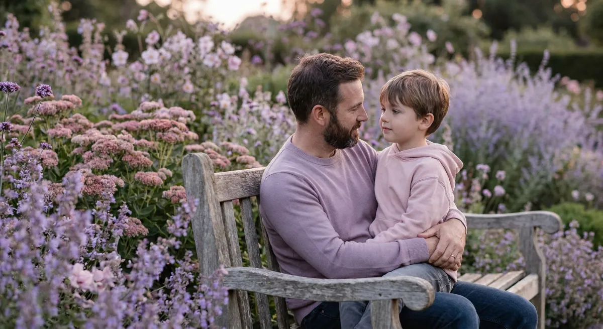 Padre consolando a su hijo pequeño mientras hablan en un jardín sobre la pérdida de un ser querido