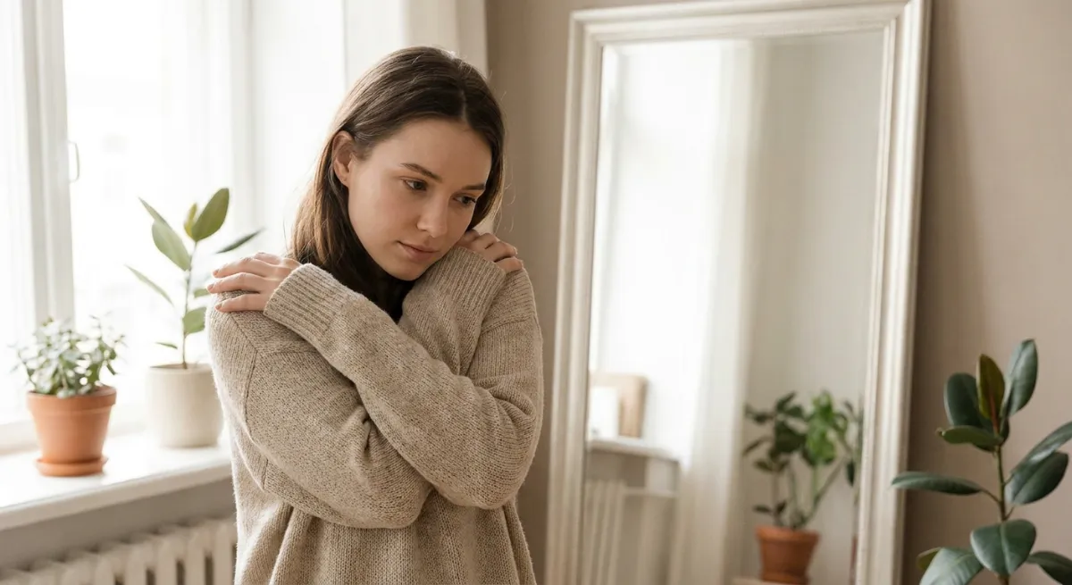 Mujer joven abrazándose a sí misma con suavidad en un momento de introspección frente al espejo