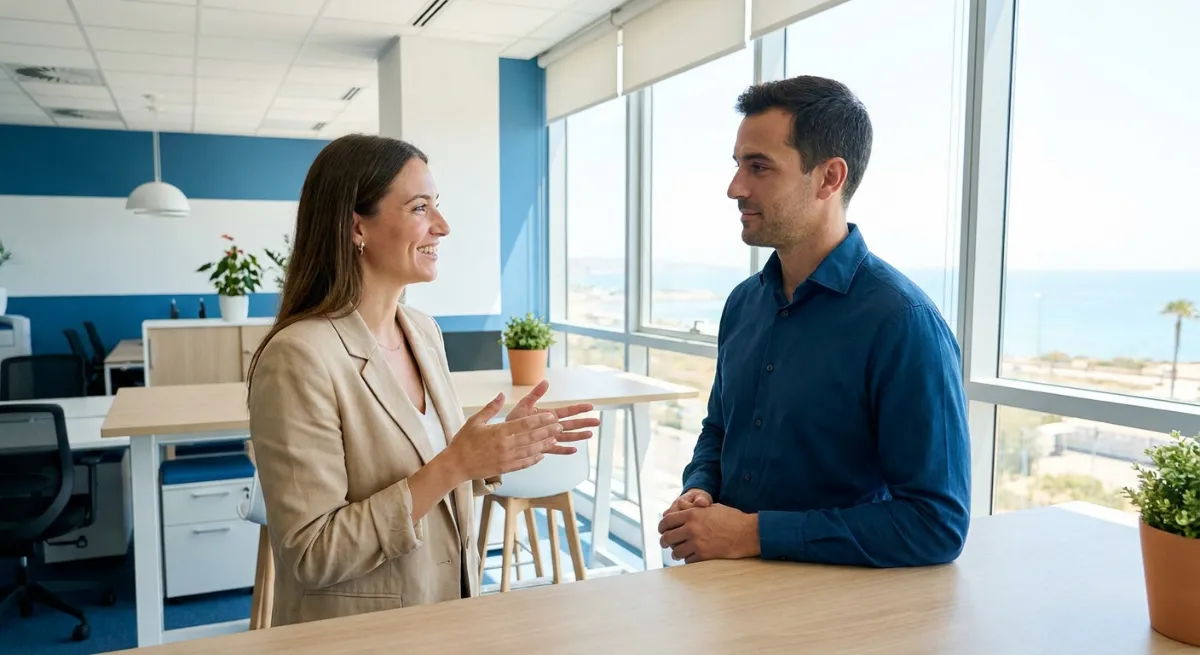 Dos colegas conversando de forma asertiva en una oficina moderna fomentando un ambiente laboral saludable.