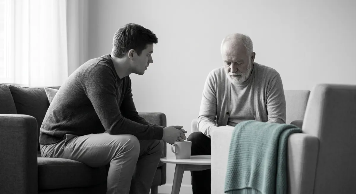 Hombre adulto y su padre mayor sentados juntos compartiendo un momento de calma y cercanía emocional.
