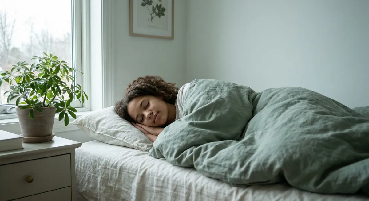 Adolescente durmiendo plácidamente en una habitación con luz tenue, reflejando hábitos de descanso saludables.