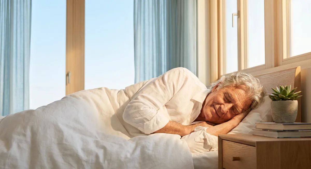 Hombre mayor durmiendo plácidamente en una cama cómoda con iluminación suave al amanecer