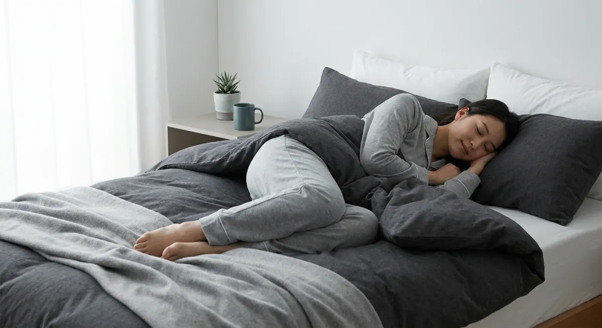 Persona relajada durmiendo plácidamente en una habitación con iluminación tenue y ambiente ordenado.