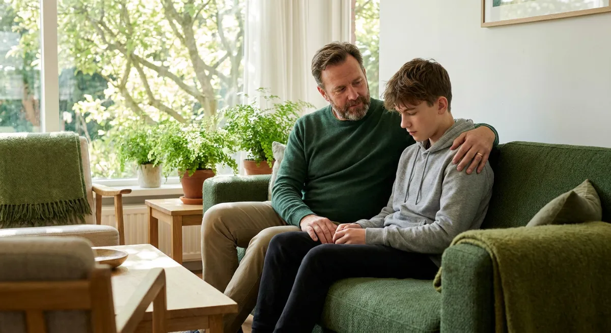 Padre brindando apoyo emocional a su hijo adolescente sentado en un sofá en casa.