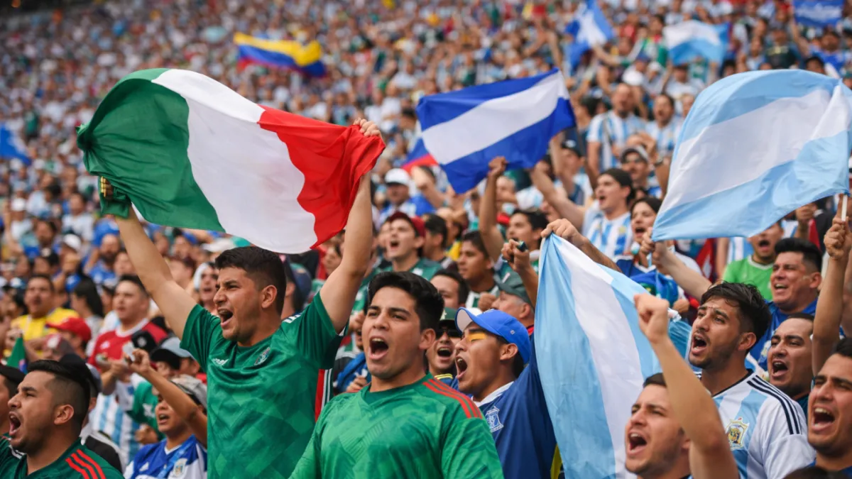 Aficionados al fútbol con banderas de dos países representando la identidad y migración en el Mundial 2026