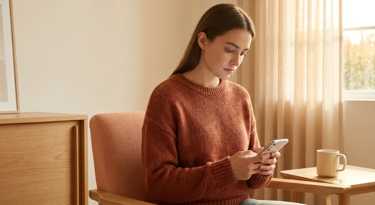 Mujer joven mirando su celular con expresión de tristeza y confusión en una habitación iluminada tenuemente.