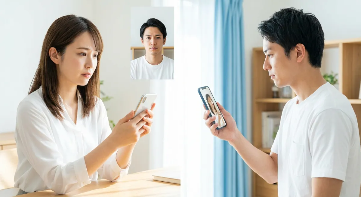 Pareja joven conversando seriamente a través de una videollamada en sus teléfonos móviles con expresión de preocupación
