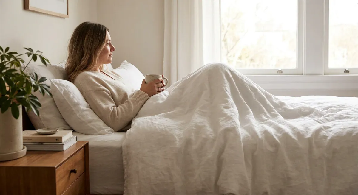 Persona relajada en su cama disfrutando de un momento de bienestar y tranquilidad mental sobre sábanas blancas.