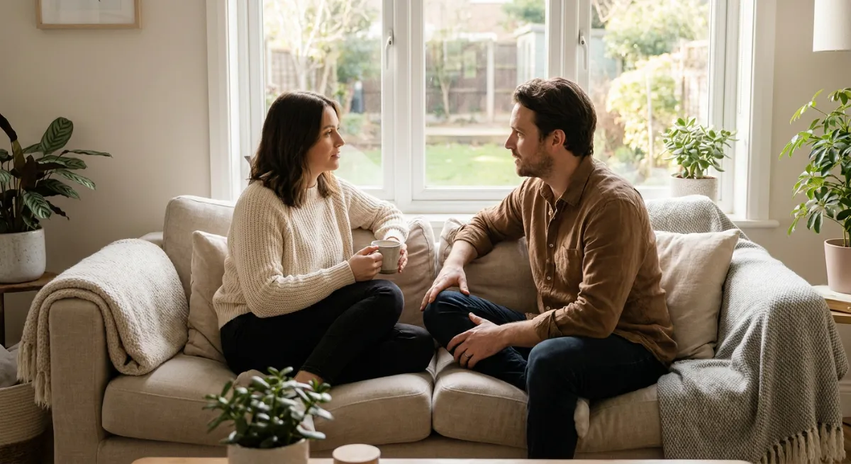 Pareja sentada en el sofá manteniendo una conversación honesta para reconciliarse y fortalecer su vínculo afectivo.