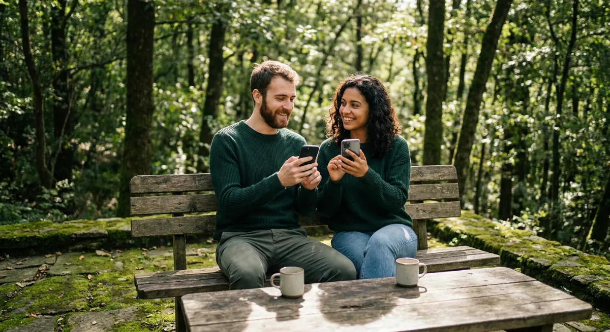 Pareja joven sonríe mientras sostienen sus teléfonos móviles para establecer límites saludables en su relación a distancia