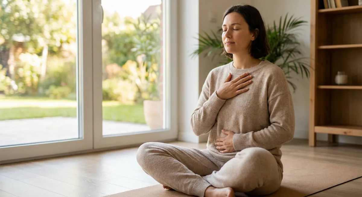 Persona practicando ejercicios de respiración consciente para regular sus sentimientos y mejorar su salud mental.