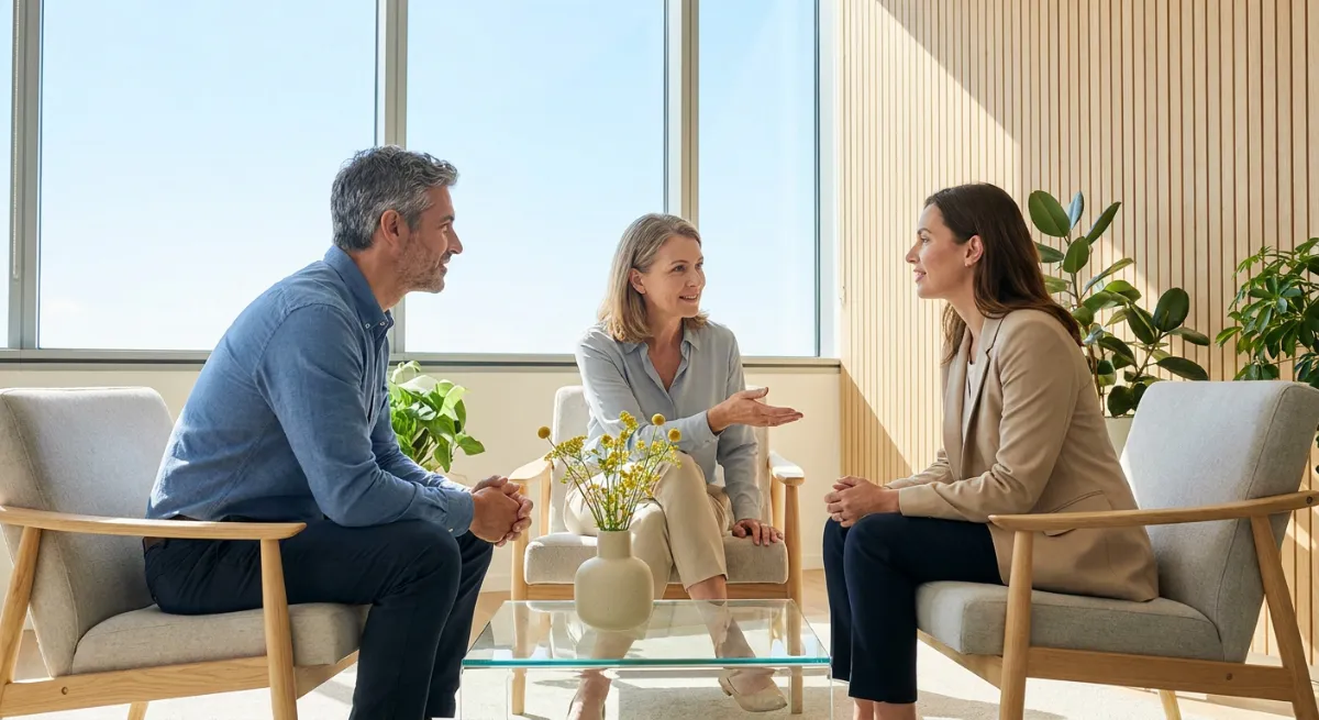 Líder facilitando una conversación tranquila entre dos colaboradores en una oficina moderna para resolver diferencias.