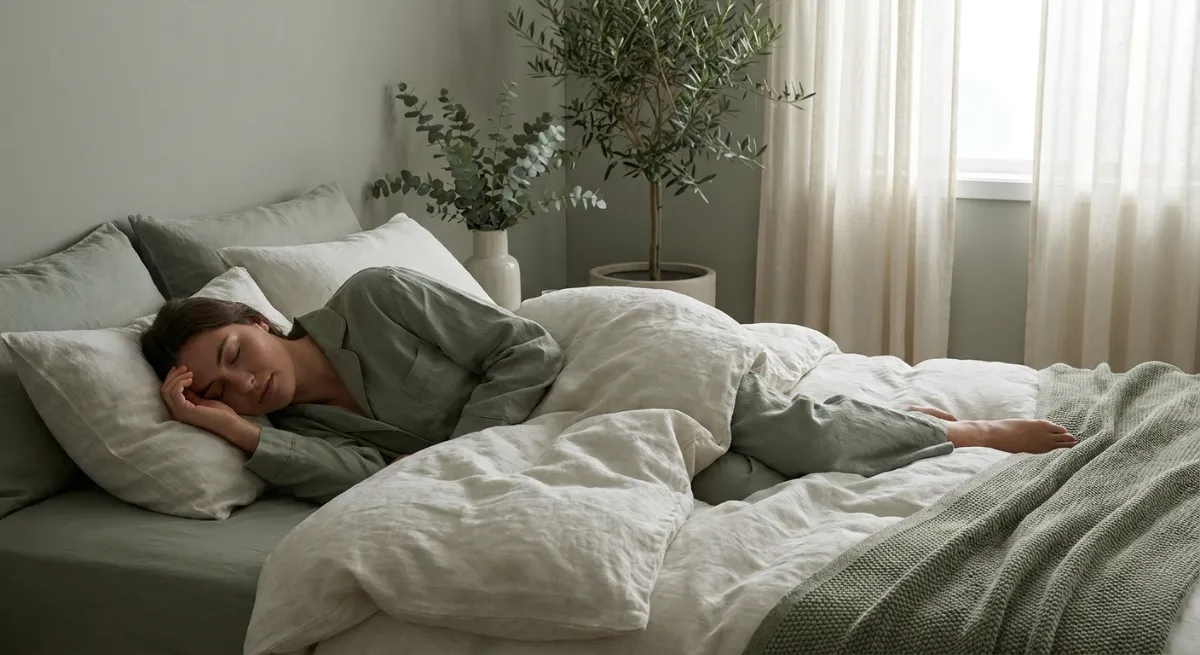 Persona relajada durmiendo plácidamente en una habitación oscura con luz tenue, representando un descanso profundo.