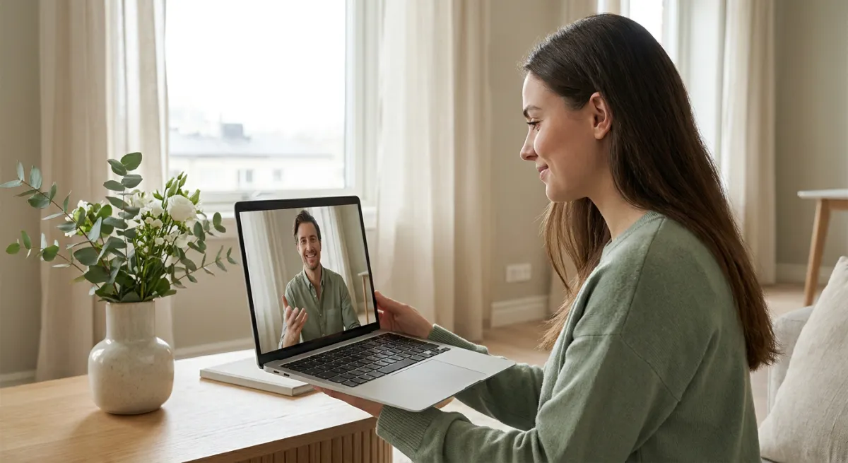 Pareja joven en videollamada mostrando apoyo emocional a través de la pantalla de una computadora portátil.