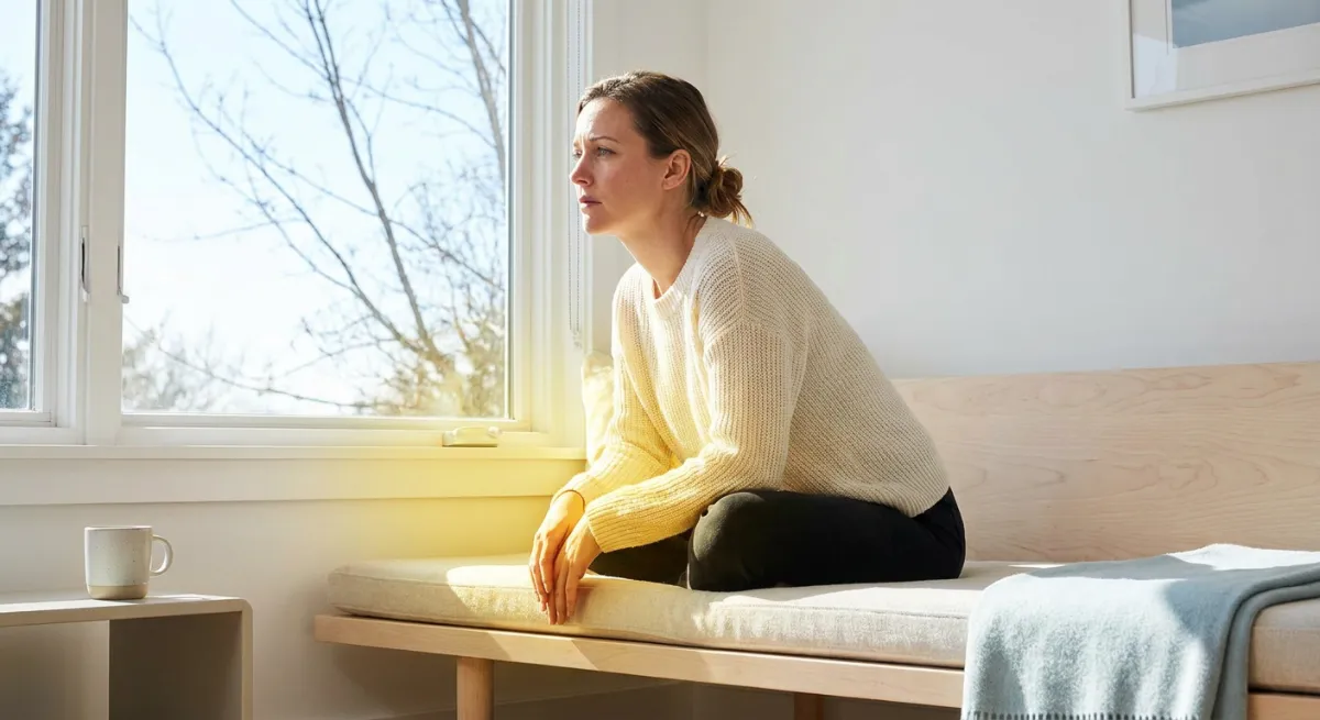 Mujer sentada mirando por la ventana con expresión de tristeza y cansancio emocional por pérdidas gestacionales recurrentes.