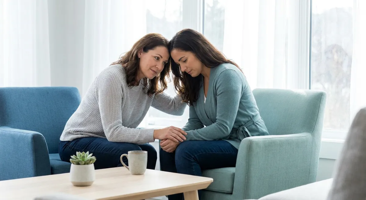 Persona brindando apoyo emocional a otra que atraviesa un duelo perinatal con empatía y cercanía.
