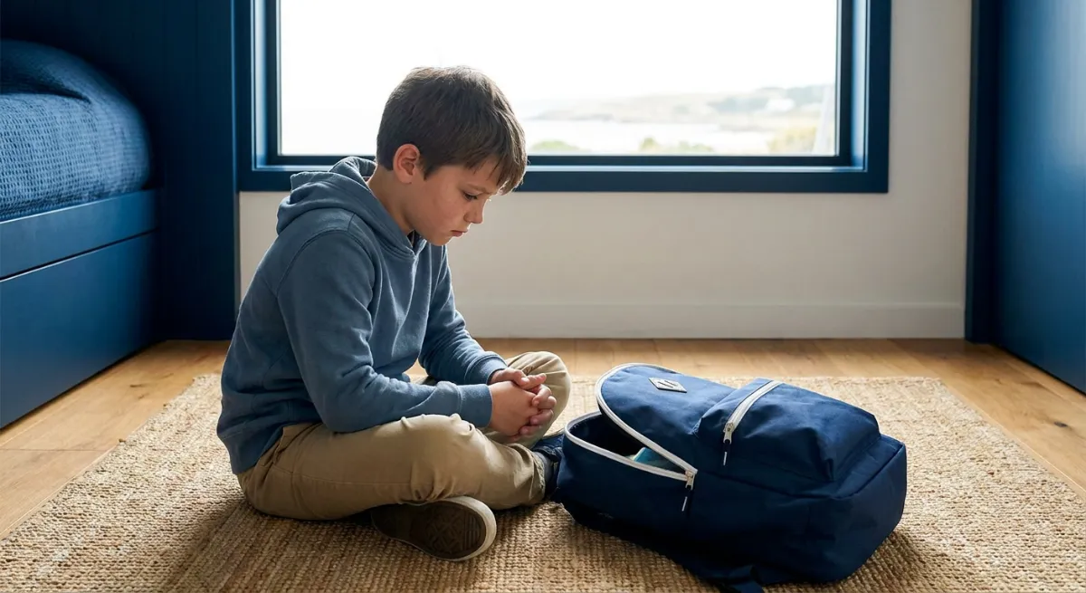 Niño sentado en el suelo con expresión de tristeza y angustia frente a su mochila escolar