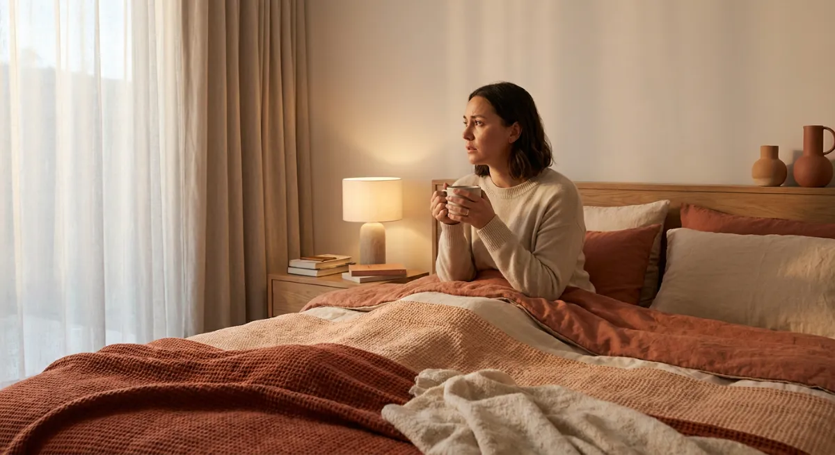 Persona sentada en la cama por la noche con expresión de preocupación reflejando problemas de sueño.