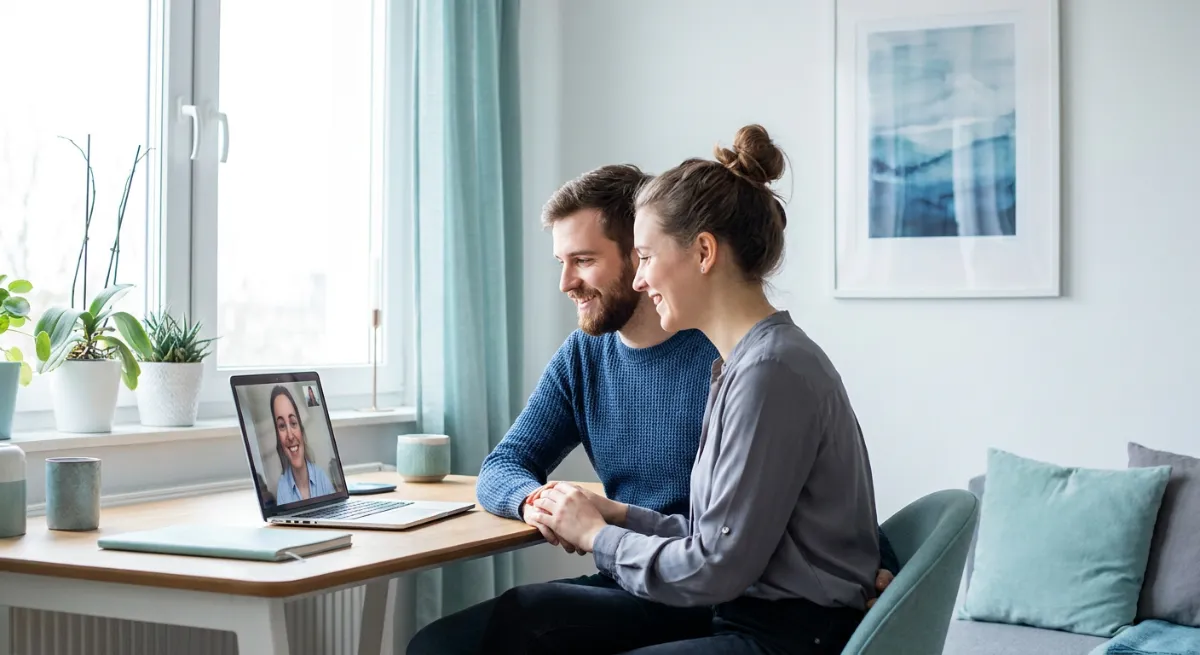 Pareja joven manteniendo una videollamada sonriendo frente a una computadora en una habitación iluminada.
