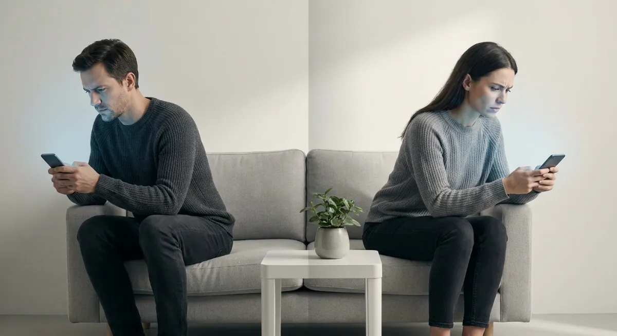 Pareja distanciada mirando sus teléfonos móviles con expresión de angustia y estrés emocional por manipulación digital.