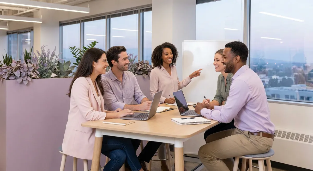 Equipo de oficina diverso colaborando activamente en un ambiente de trabajo positivo y respetuoso.