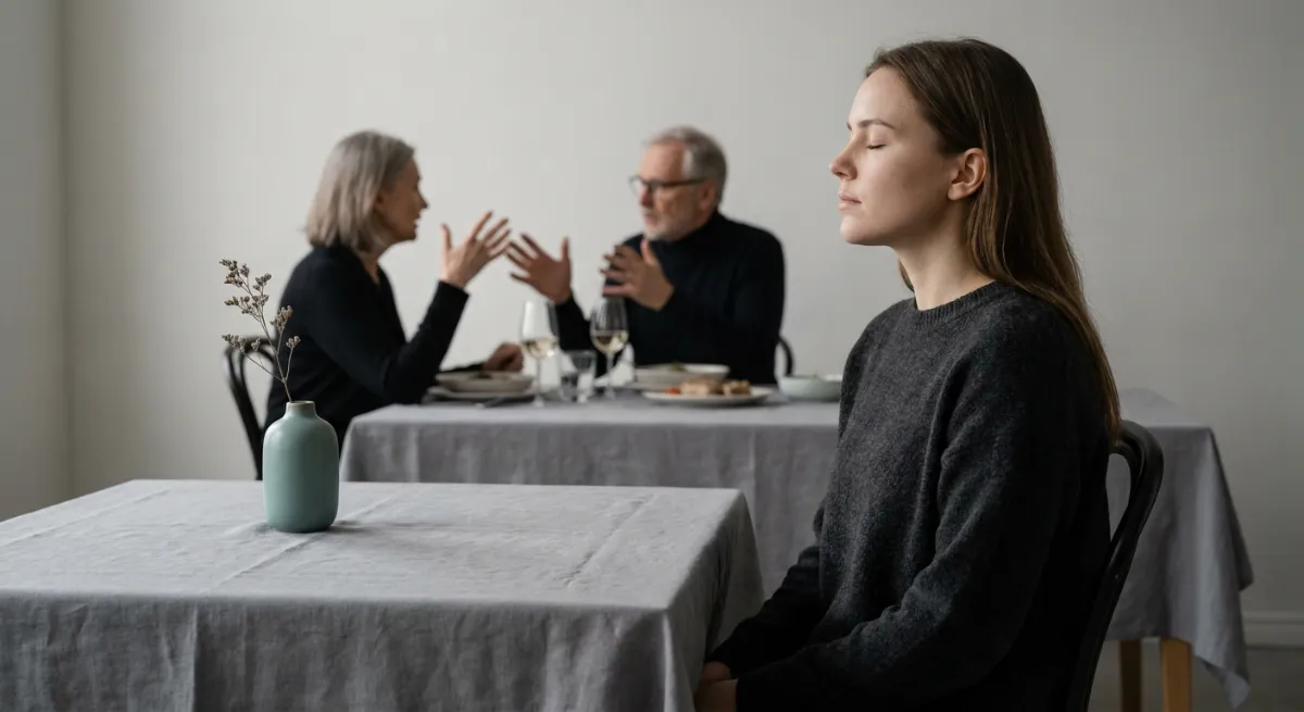 Persona joven respira profundo y mantiene la calma durante una cena familiar con personas discutiendo de fondo.