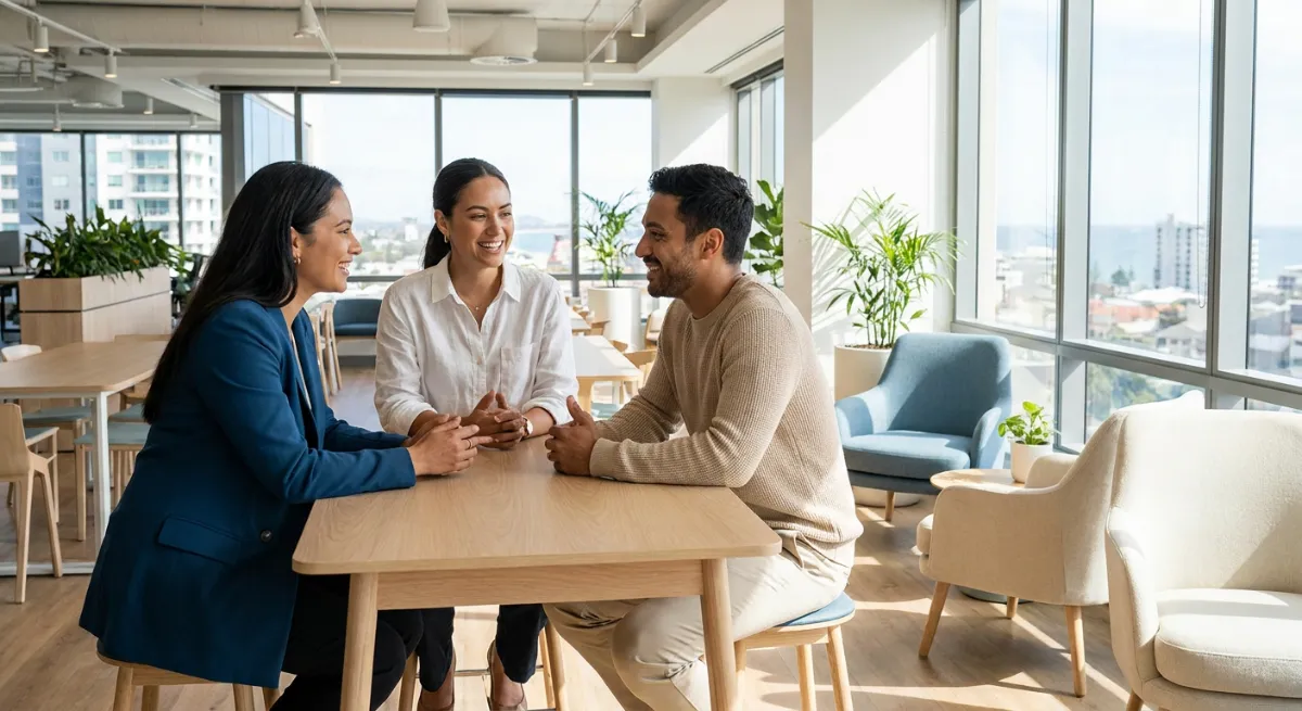 Tres colegas de diferentes departamentos conversando de forma colaborativa en una oficina moderna