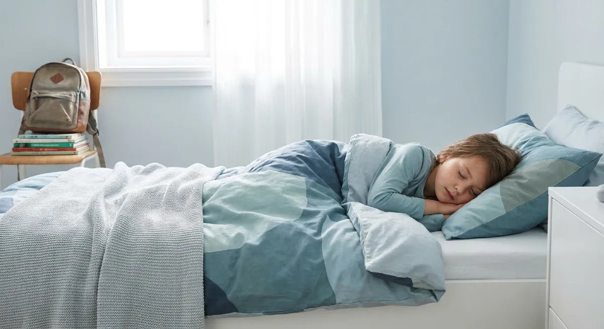 Niño durmiendo plácidamente en su cama con luz suave, preparándose para el inicio del ciclo escolar.